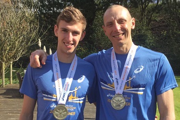 Danny Bluff and Paul Sellars after finishing the Manchester Marathon in 2017